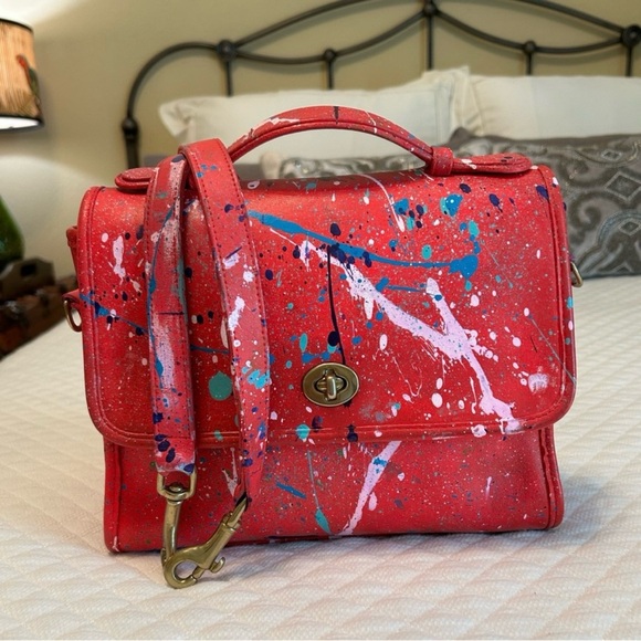 Vintage Coach Court Red Custom Paint Splatter Shoulder Bag Satchel Pollock-esque - Picture 3 of 13